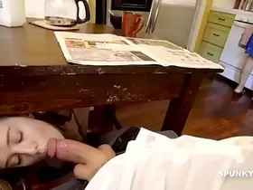 step Daughter sneaks under the table to suck 's cock