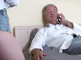 Teen blonde grabs grandpa's cock and sucks it deepthroat