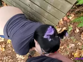 Little kitty gets caught in the forest and sucks a cock to keep her secret!